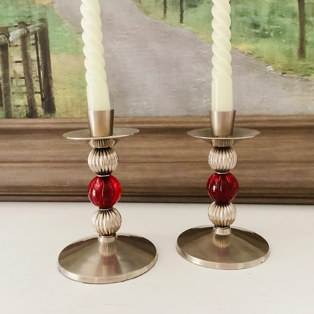 Vintage Silver Tone Candlestick Holders Set Of 2 Red Bead Round Made In India